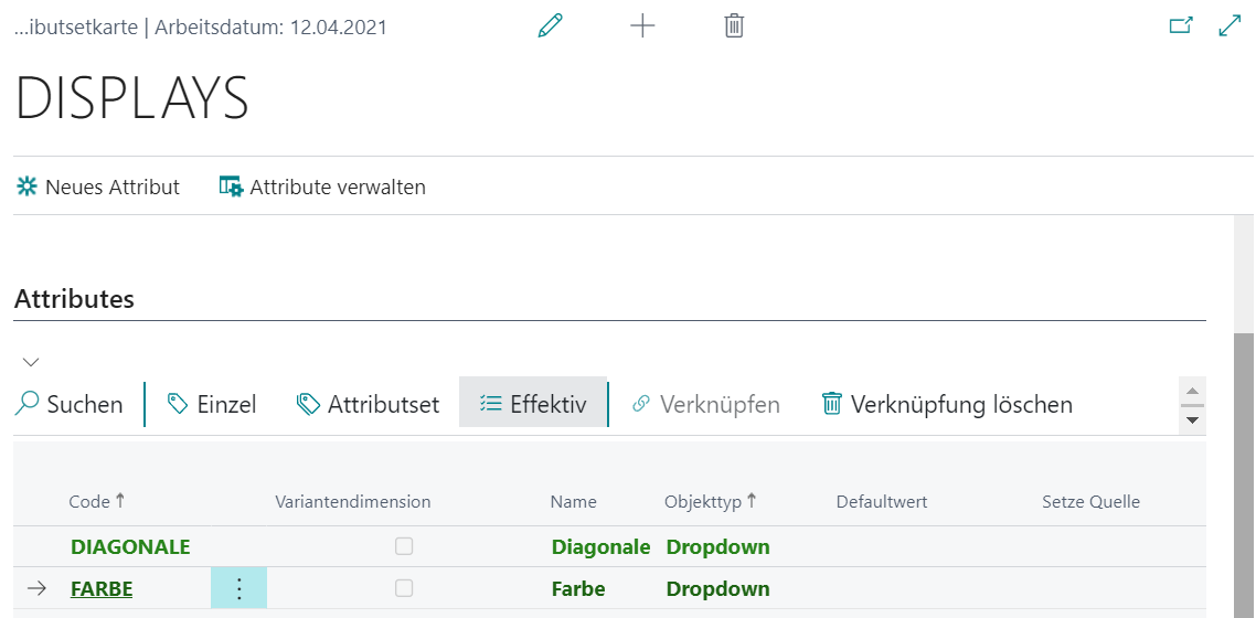 Attributsetkarte mit Attributen