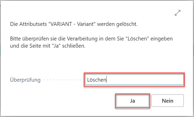 Löschen eines Attributsets bestätigen