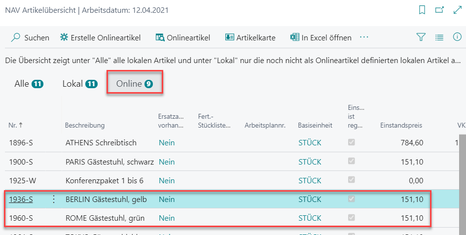 Ergebnis in der NAV Artikelübersicht