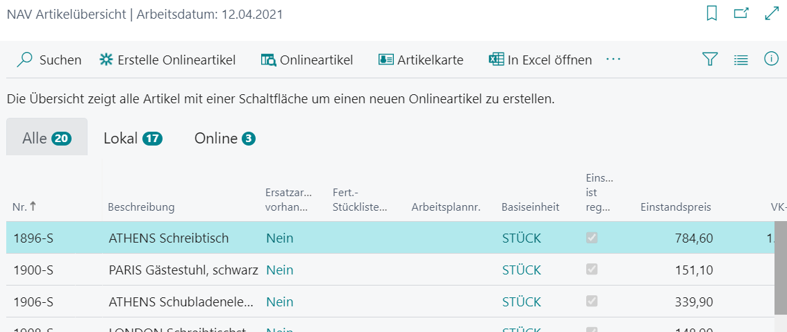 NAV Artikelübersicht