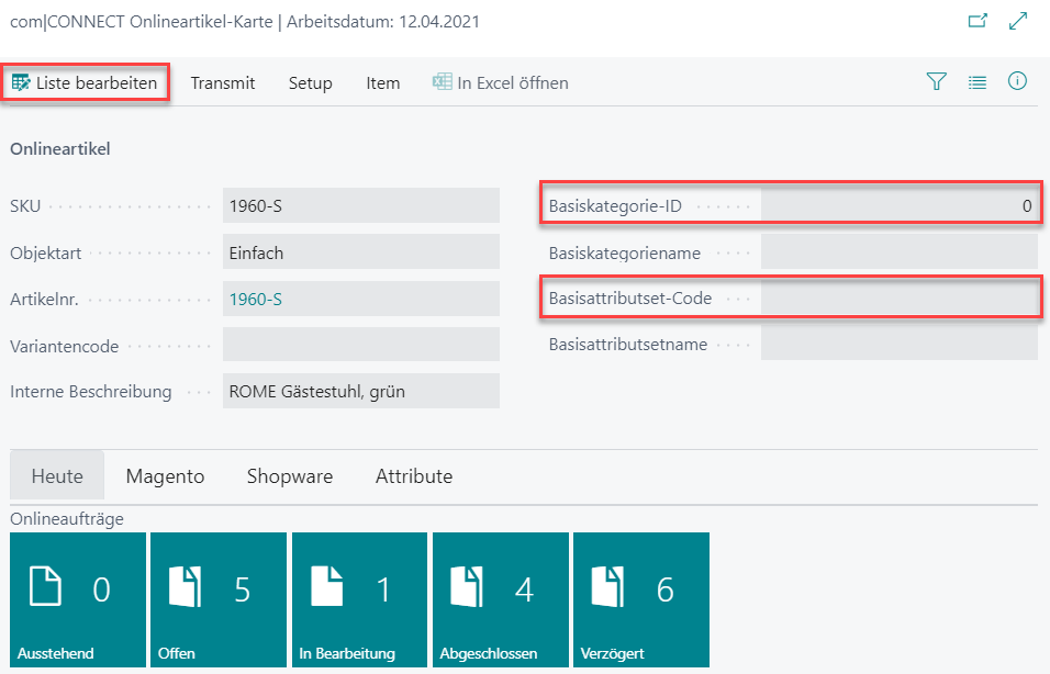 Felder Basiskategorie-ID und Basisattributset-Code